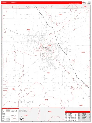 Tippecanoe County, IN RedLine style ZIP Code wall map
