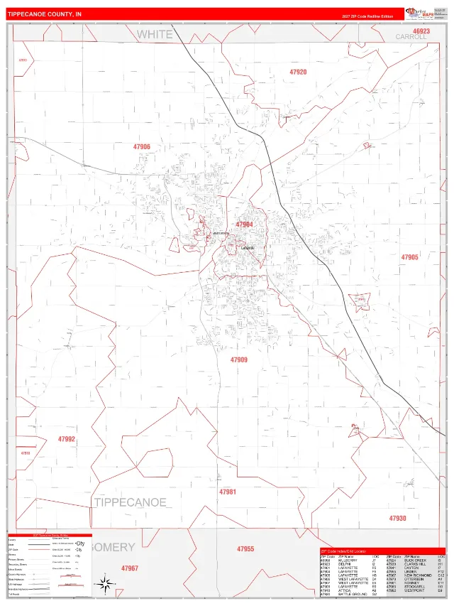 Tippecanoe County, IN ZIP Code Wall Map, RedLine style
