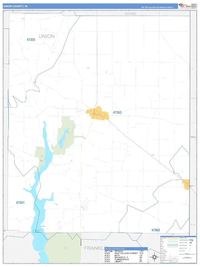 Union County, IN ZIP Code Wall Map, Business Reference style
