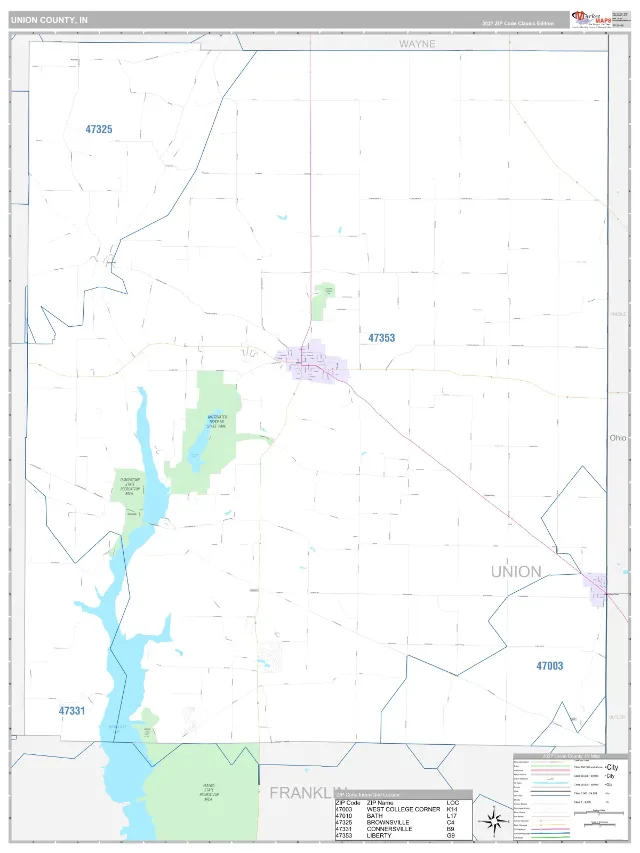 Union County, IN ZIP Code Wall Map, Classic style