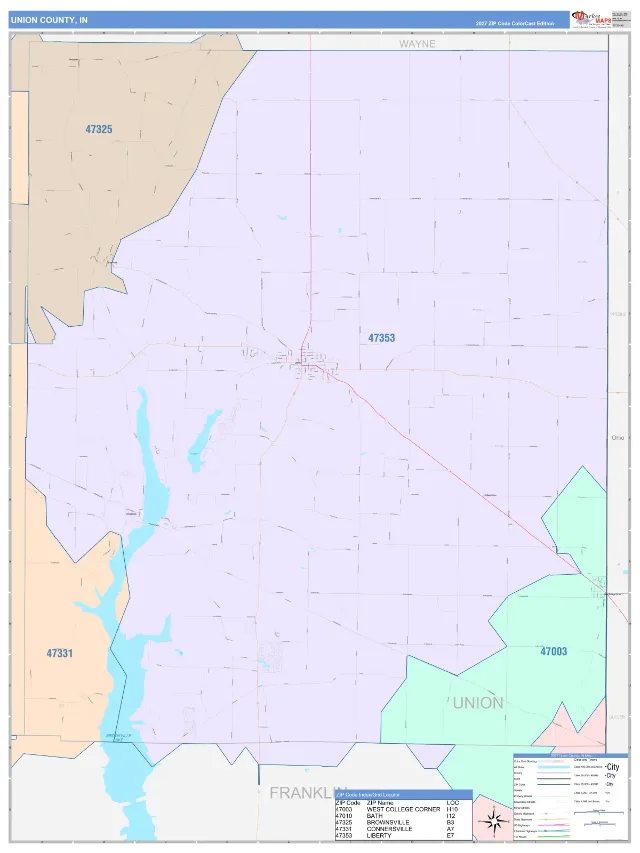 Union County, IN ZIP Code Wall Map, ColorCast style