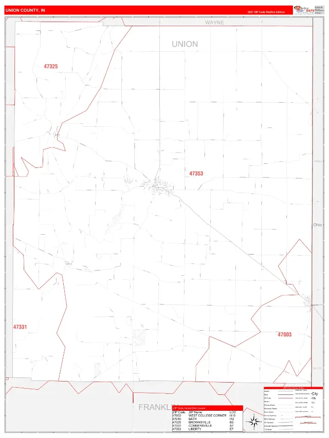 Union County, IN ZIP Code Wall Map, RedLine style