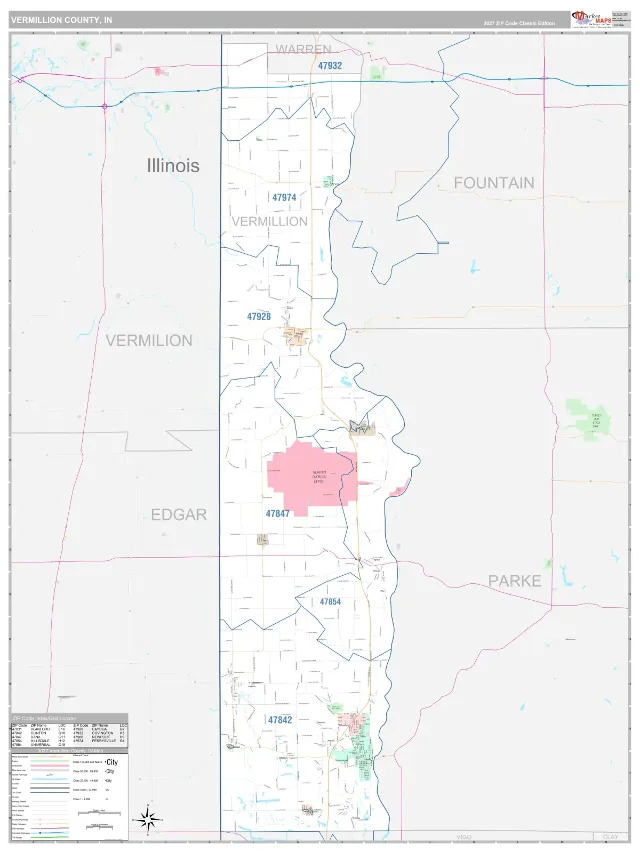 Vermillion County, IN ZIP Code Wall Map, Classic style