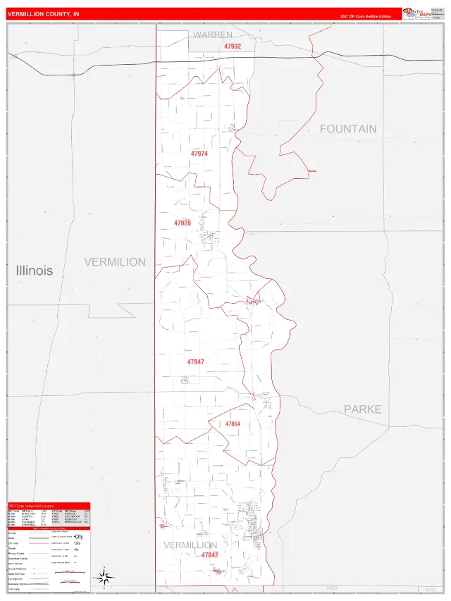 Vermillion County, IN ZIP Code Wall Map, RedLine style