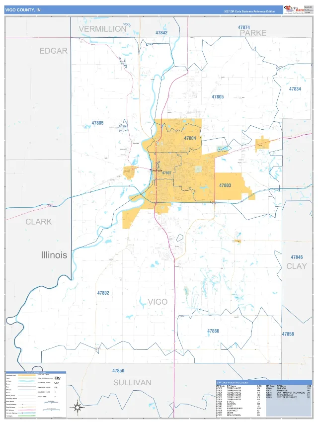 Vigo County, IN ZIP Code Wall Map, Business Reference style