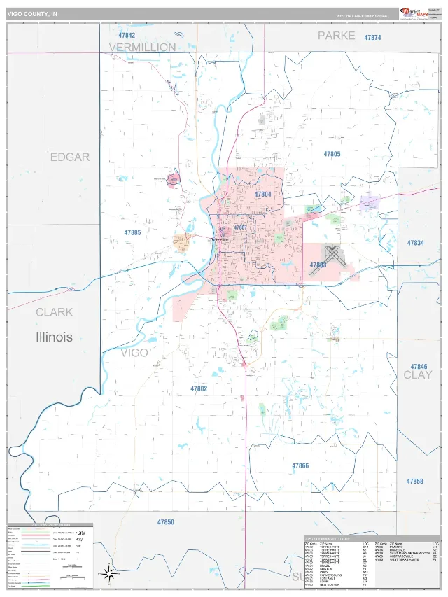 Vigo County, IN ZIP Code Wall Map, Classic style
