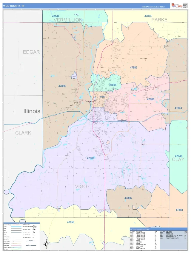 Vigo County, IN ZIP Code Wall Map, ColorCast style