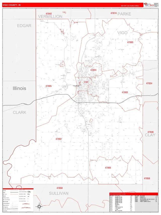 Vigo County, IN ZIP Code Wall Map, RedLine style