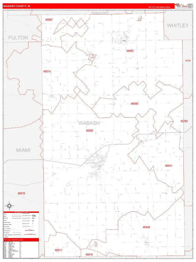 Wabash County, IN ZIP Code Wall Map, RedLine style