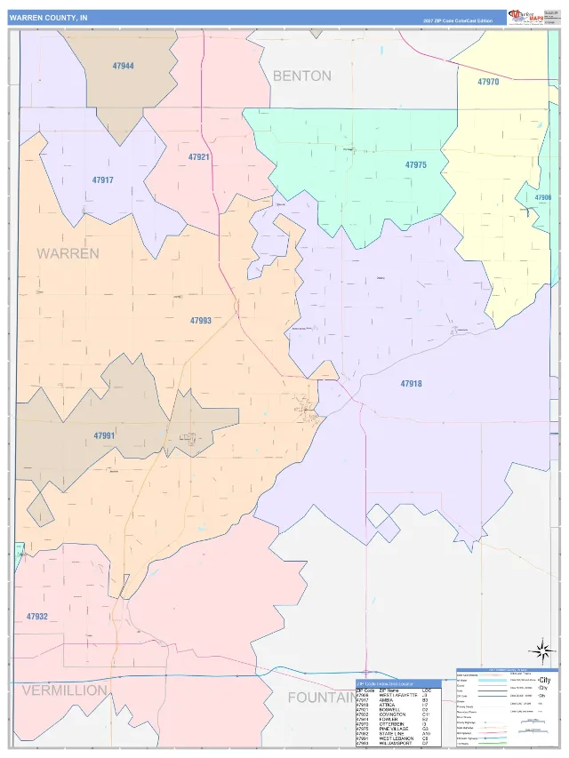 Warren County, IN ZIP Code Wall Map, ColorCast style