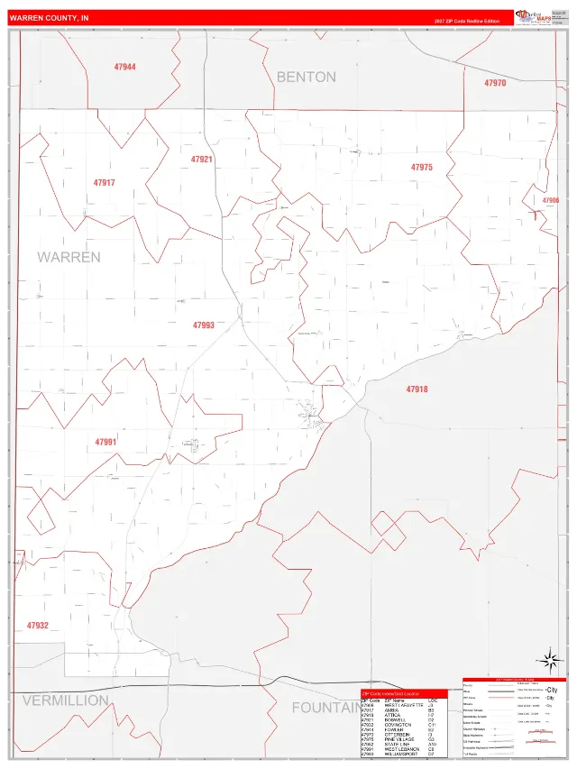Warren County, IN ZIP Code Wall Map, RedLine style