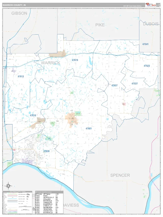 Warrick County, IN ZIP Code Wall Map, Classic style