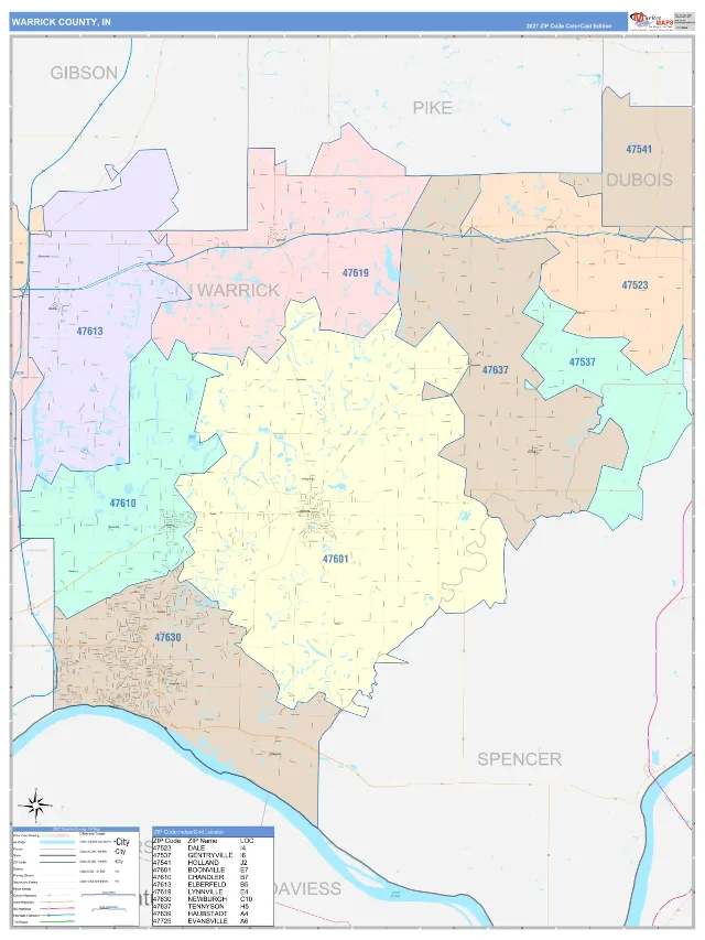 Warrick County, IN ZIP Code Wall Map, ColorCast style