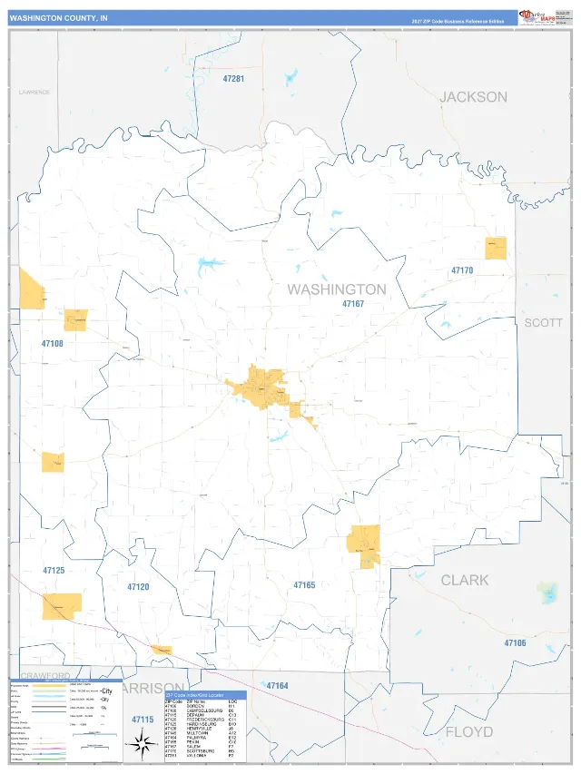 Washington County, IN ZIP Code Wall Map, Business Reference style