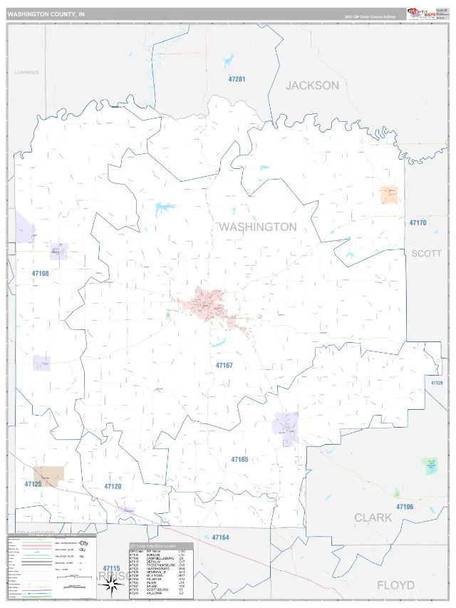 Washington County, IN ZIP Code Wall Map, Classic style