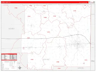 Wayne County, IN RedLine style ZIP Code wall map