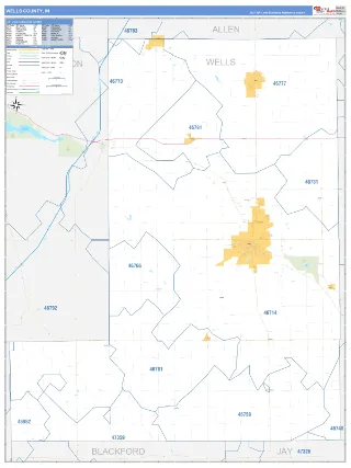 Wells County, IN Business Reference style ZIP Code wall map