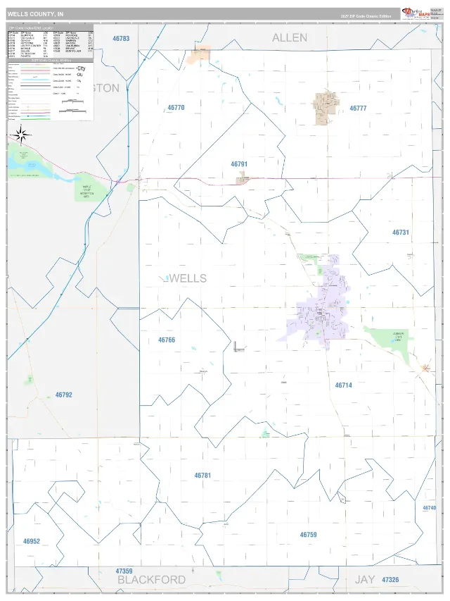 Wells County, IN ZIP Code Wall Map, Classic style
