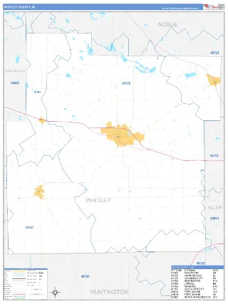 Whitley County, IN Business Reference style ZIP Code wall map