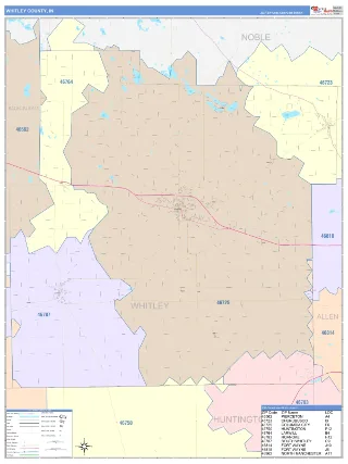 Whitley County, IN ColorCast style ZIP Code wall map