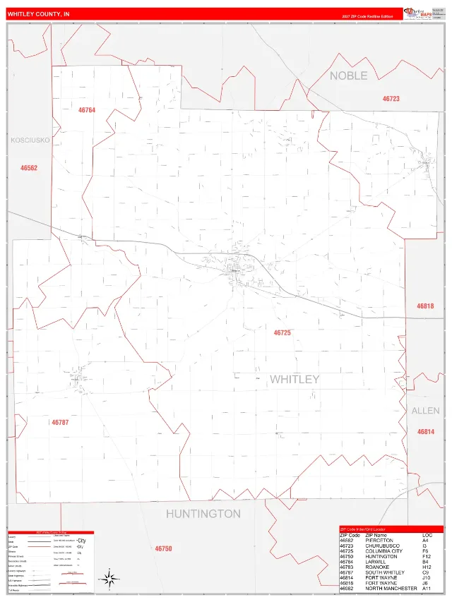 Whitley County, IN ZIP Code Wall Map, RedLine style