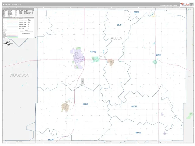 Allen County, KS ZIP Code Wall Map, Classic style