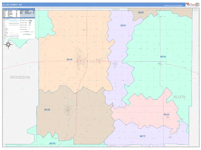 Allen County, KS ZIP Code Wall Map, ColorCast style
