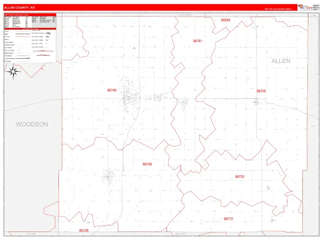 Allen County, KS ZIP Code Wall Map, RedLine style