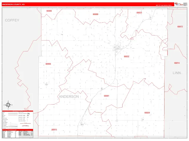 Anderson County, KS ZIP Code Wall Map, RedLine style