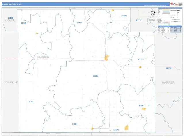 Barber County, KS ZIP Code Wall Map, Business Reference style