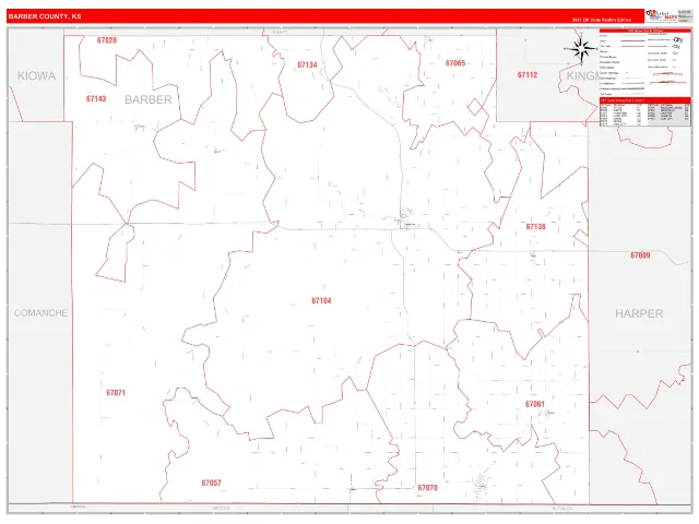 Barber County, KS ZIP Code Wall Map, RedLine style