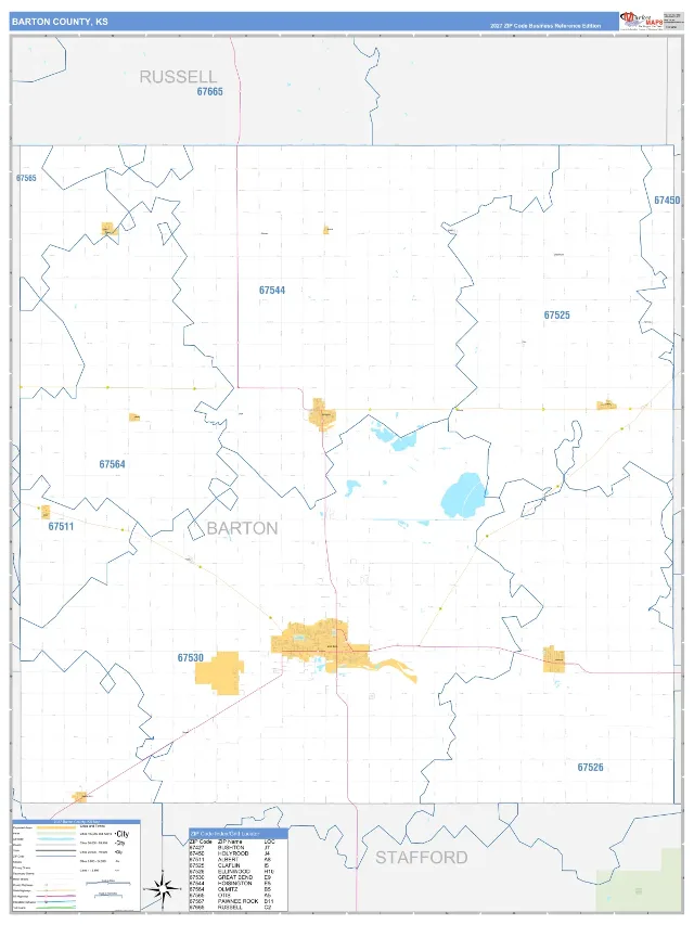 Barton County, KS ZIP Code Wall Map, Business Reference style