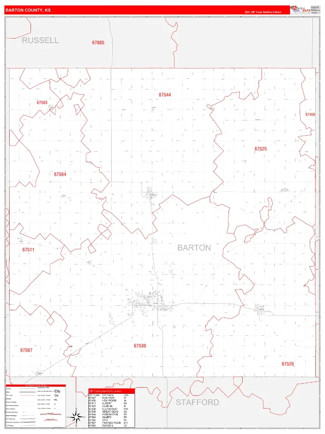 Barton County, KS ZIP Code Wall Map, RedLine style