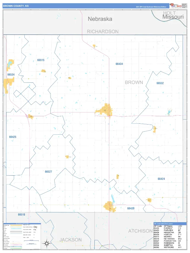 Brown County, KS ZIP Code Wall Map, Business Reference style