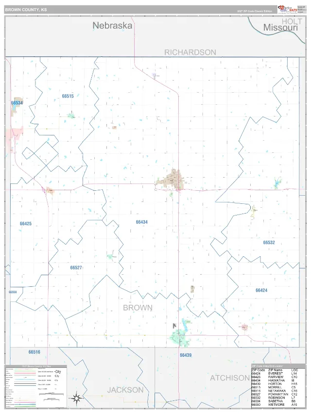 Brown County, KS ZIP Code Wall Map, Classic style