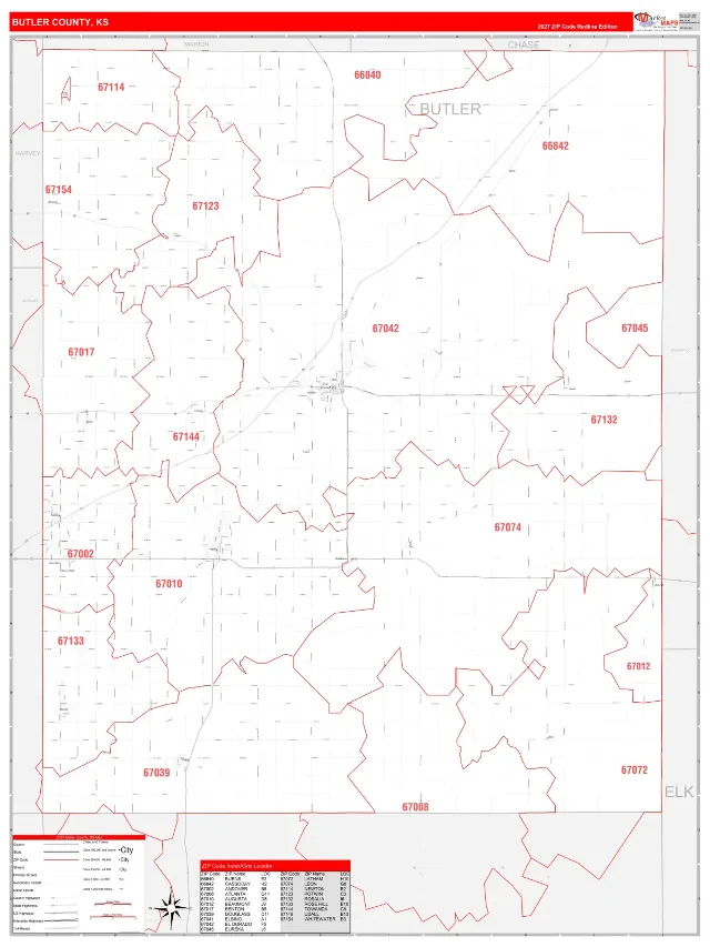 Butler County, KS ZIP Code Wall Map, RedLine style