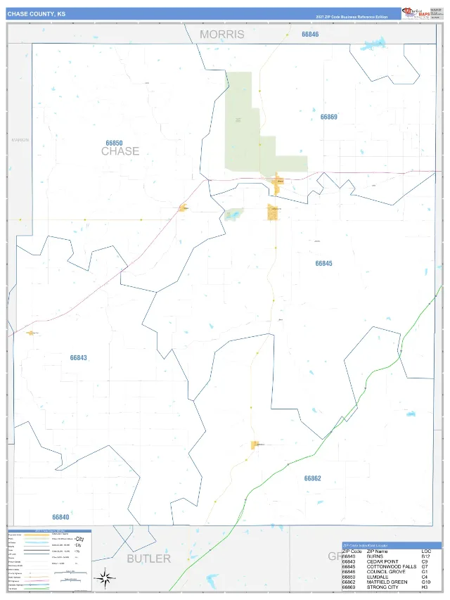Chase County, KS ZIP Code Wall Map, Business Reference style