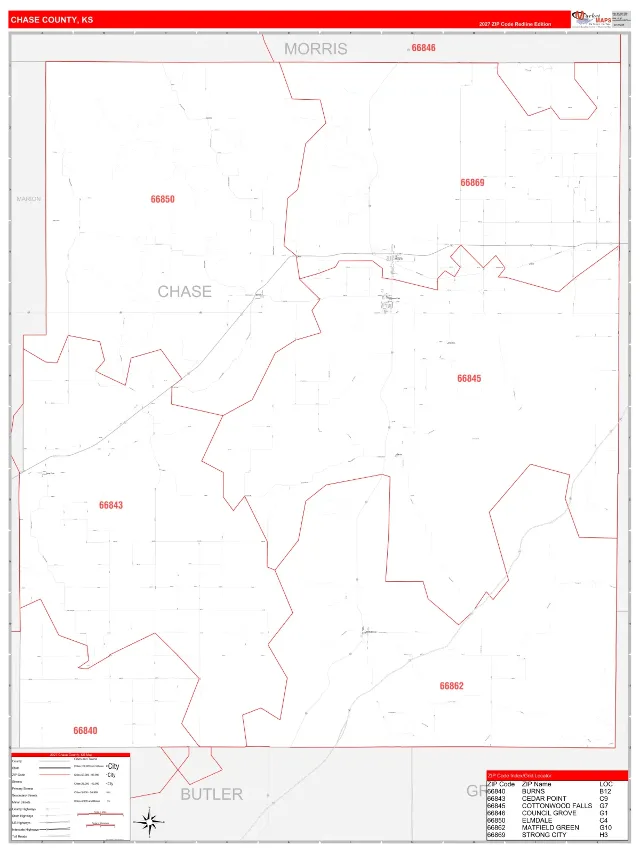 Chase County, KS ZIP Code Wall Map, RedLine style