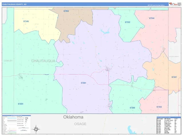 Chautauqua County, KS ZIP Code Wall Map, ColorCast style