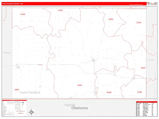 Chautauqua County, KS ZIP Code Wall Map, RedLine style