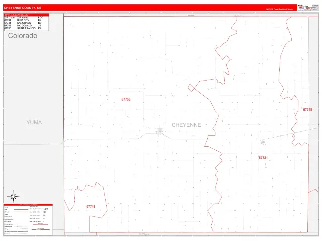 Cheyenne County, KS ZIP Code Wall Map, RedLine style