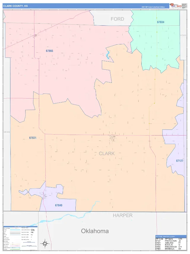 Clark County, KS ZIP Code Wall Map, ColorCast style