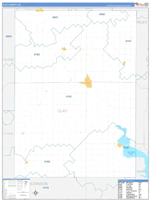 Clay County, KS ZIP Code Wall Map, Business Reference style