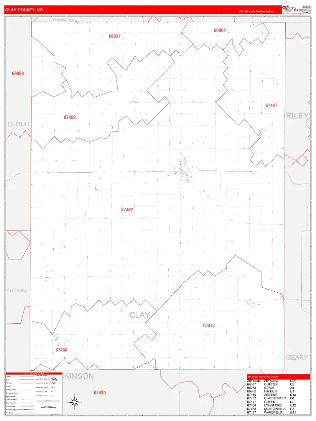 Clay County, KS ZIP Code Wall Map, RedLine style