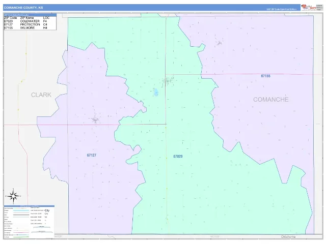 Comanche County, KS ZIP Code Wall Map, ColorCast style