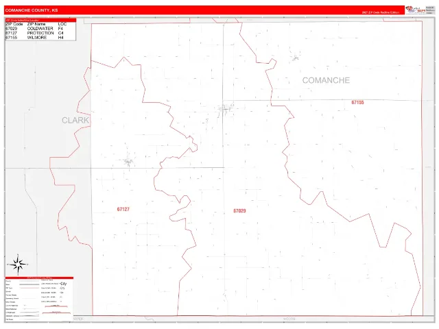 Comanche County, KS ZIP Code Wall Map, RedLine style