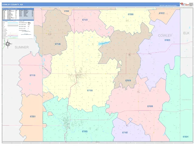 Cowley County, KS ZIP Code Wall Map, ColorCast style