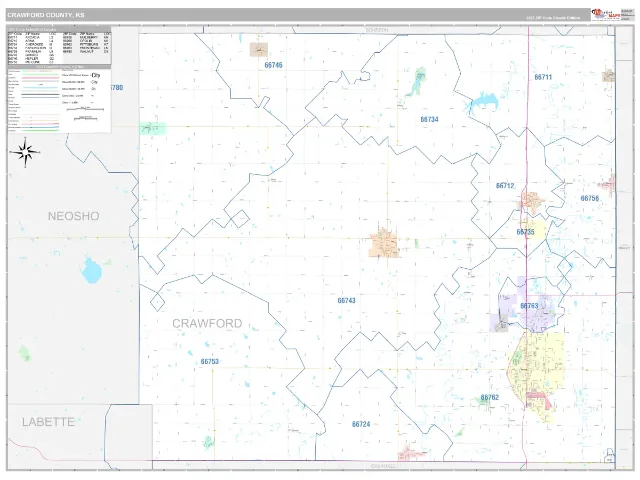 Crawford County, KS ZIP Code Wall Map, Classic style