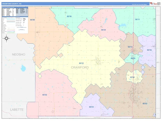 Crawford County, KS ZIP Code Wall Map, ColorCast style