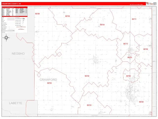Crawford County, KS ZIP Code Wall Map, RedLine style